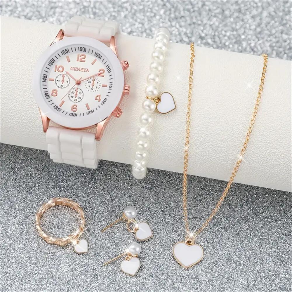 6PCS/Set Women s Watches Casual Silicone Band Analog Quartz Watch Heart Pearls Jewelry Set(Without Box)
