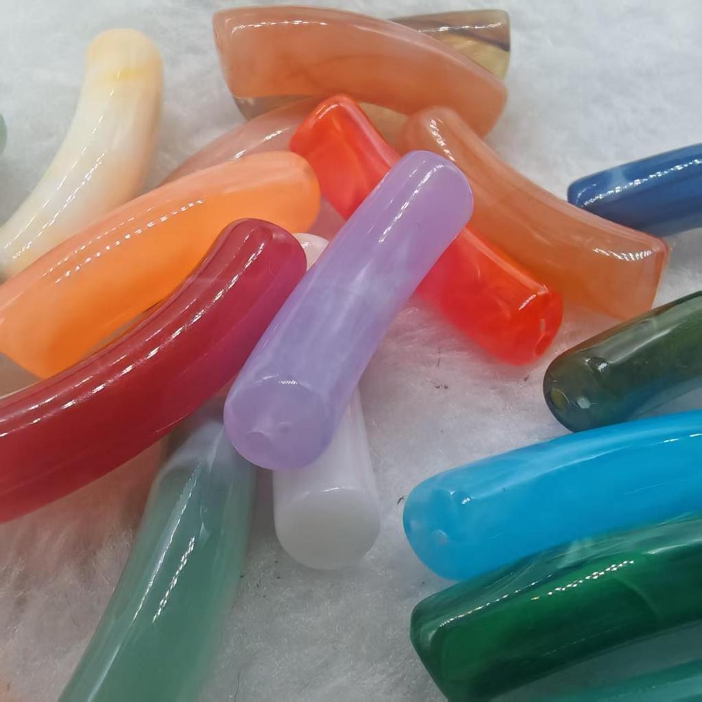 14-Color Faux Jade Bent Tube Acrylic Beads - Marbled Flower C-Shaped for DIY Jewelry & Accessories