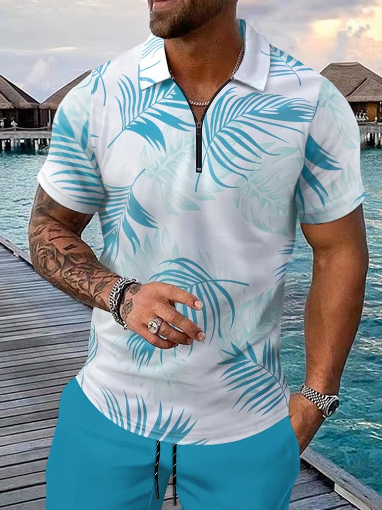 Fashion Zip Polo Shirts Men's Hawaiian Beach Vacation Short Sleeve Polo Shirt Outfit Street Casual