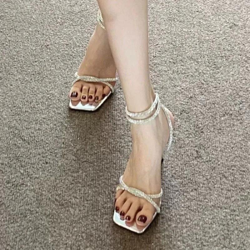 Fashion Women Sandals Casual Anti-slip 2025 Buckle Ankle-wrap Party Sandals Women Crystal Narrow Strap Fashion Thin Heels Shoes Female