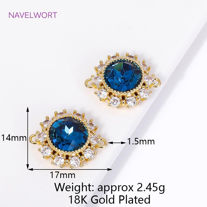

18K Gold Plated Inlaid Blue Zircon Round Connector Pendants,Connectors For Jewelry,DIY Earring Bracelet Making Accessories 1 pieces