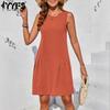 Women's Fashion Summer Spring Solid Color Print Sleeveless O-Neck Loose Waistline Casual Dresses