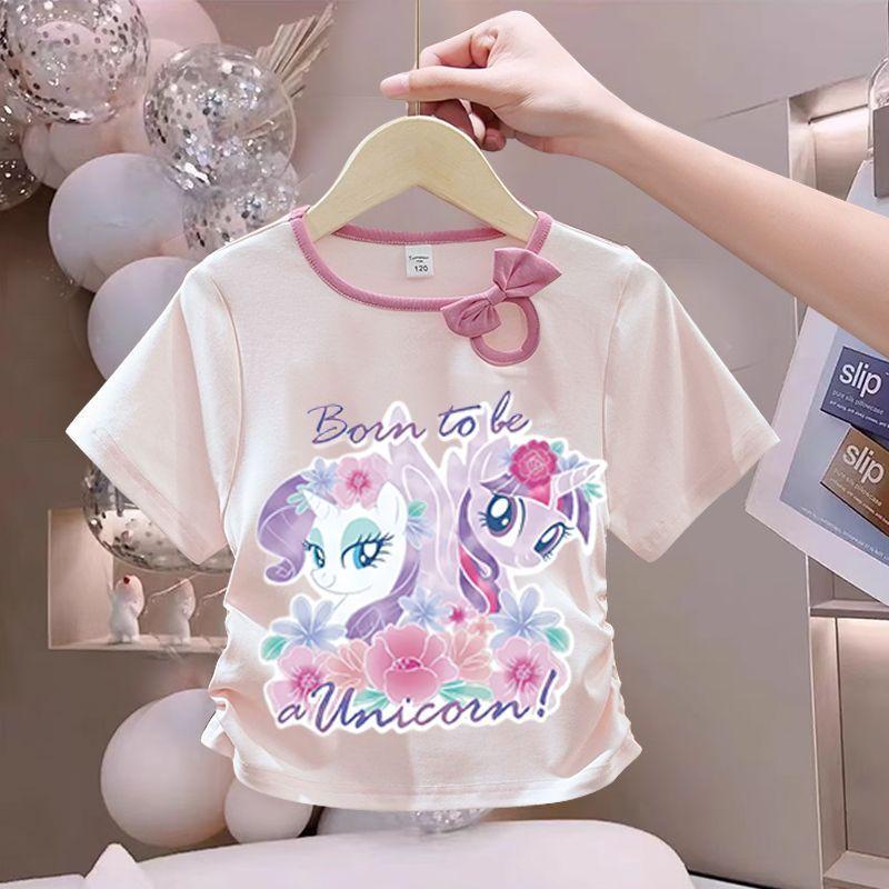 Girls' Fashionable Bow Tie Top for Summer, Children's Round-neck Short-sleeved Pure Cotton T-shirt