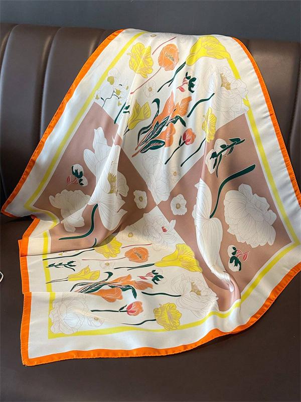 Fashion Flower Print Satin Square Silk Scarf for Women Hand Bag Wrist Wraps Lady Scarves Shawl Design Neckerchief Foulard