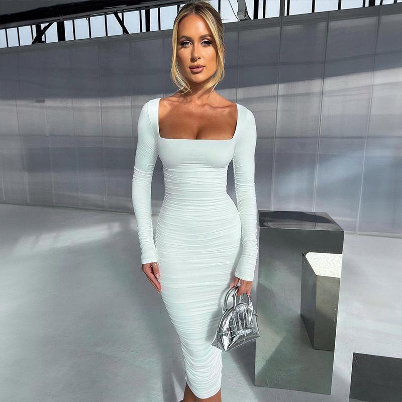 2024 Women's European & American Style Long-Sleeve Square Neck Slim-Fit Pleated Dress