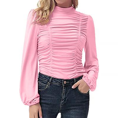 Autumn and Winter Women's Blouse Bottoming Shirt Warm Round Neck Solid Color Pleated Lantern Sleeve Slim Long-sleeved Blouse