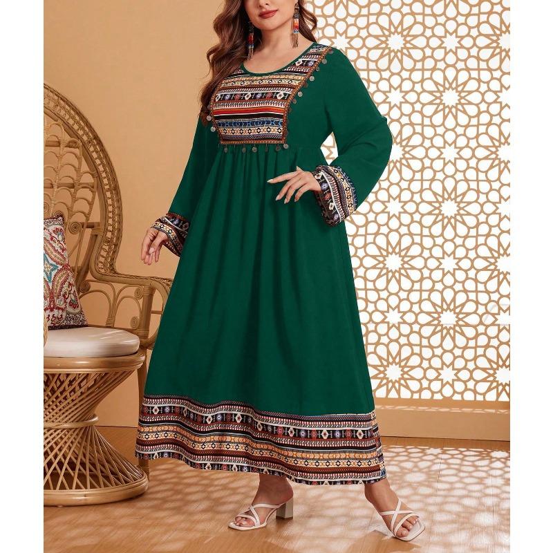 Plus Size Vintage Ethnic Embroidered Round Neck Patchwork Long Sleeve Long A Line Dress For Women
