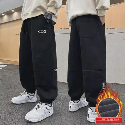 2024 Jungen Schwarze Trendige Plus Samt Jogginghose für Herbst und Winter