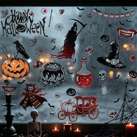 Removable Holiday Window Art 9PCS Halloween Static Stickers, Gothic Silhouette Decals, Reusable Waterproof PVC Wall Murals Horror for Glass