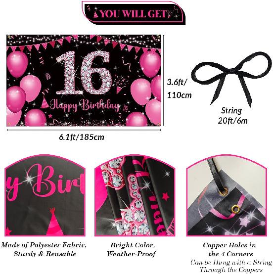 Sweet 16 Birthday Banner Hot Pink, Happy 16th Birthday Decorations for Girls, Sweet Sixteen Party Decorations, 16 Year Old Birthday Photo Props Yard