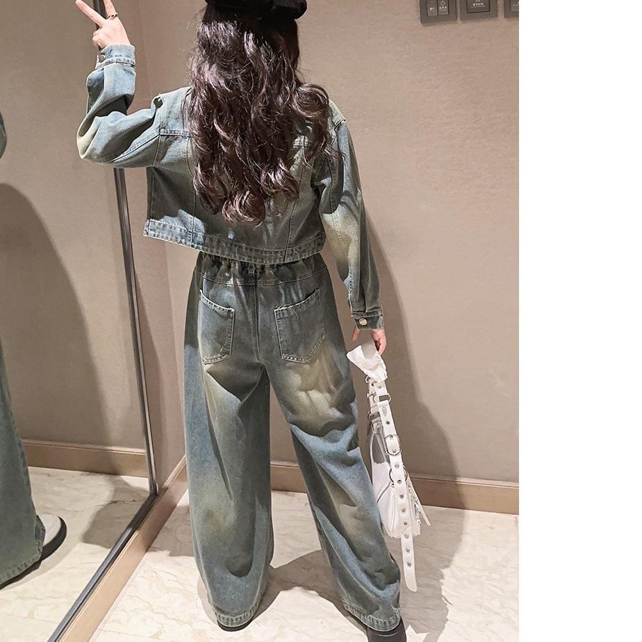Autunno Ragazza Adolescente Retro Denim Vestiti Tuta Girocollo Giacca di Jeans e Jeans Dritti 2 Pezzi Tuta Bambino Outfits