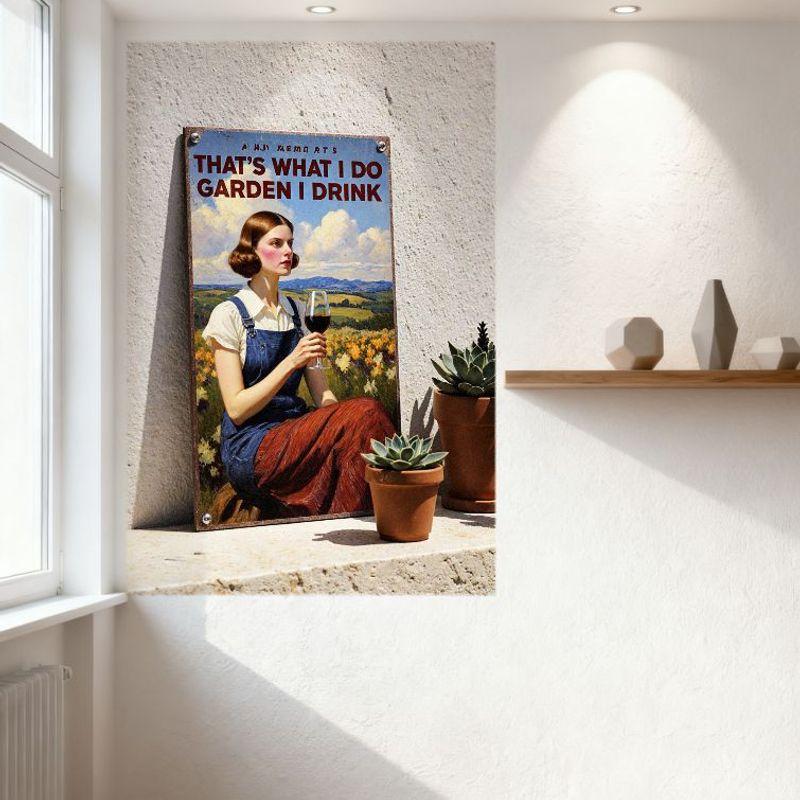 Vintage 'A.J. HERRING'S' Metal Sign, That's What I Do - Garden & Drink, Woman with Wine Glass & Flowers, Retro Wall Decor for Ba