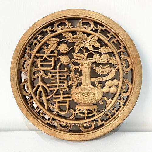 Diameter 27cm/10.8" Chinese style camphor wood carving circular decoration living room entrance background wall pendant