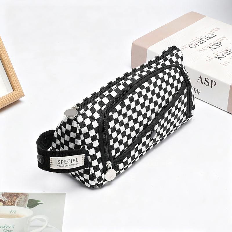 Triangular Black and White Checkered Pencil Case Student Pencil Case Stationery Storage Bag Large Capacity Pencil Case
