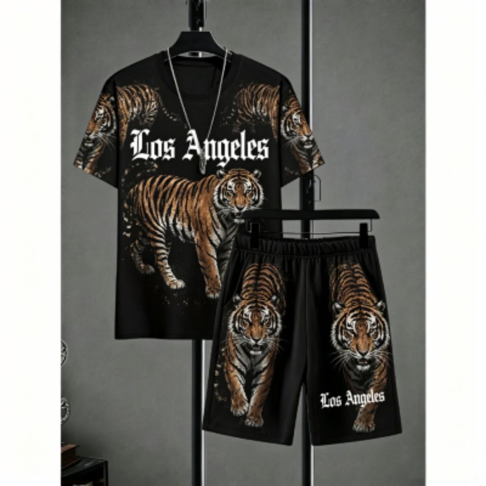 Fashion Men's Set Colorful Tiger Zebra Stripe Printed Men's T-shirt and Shorts 2 Piece Set Summer Casual Outdoor Men's and Women's T-shirt Sets