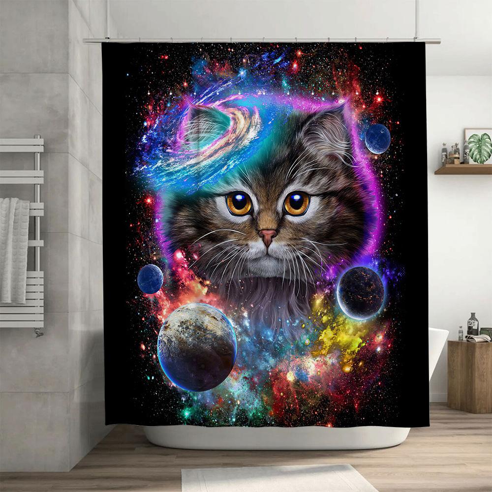 Space Cats Shower Curtain Cosmic Kitty Bathroom Decor Unique Cat Print Astral Pet Love Gift