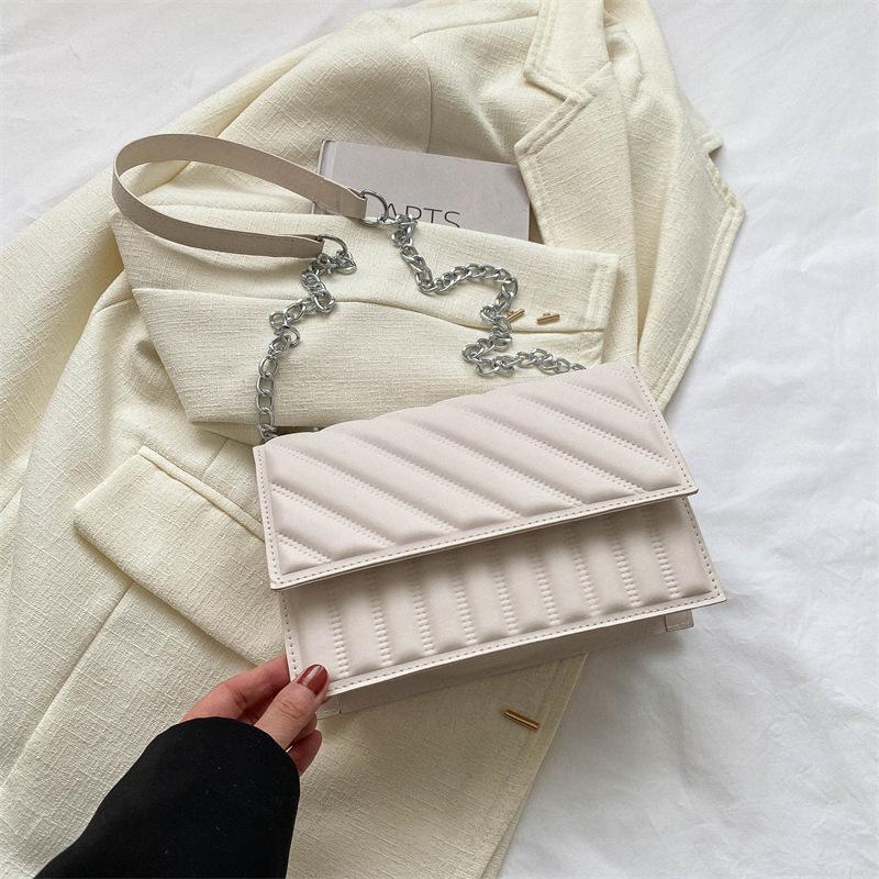 Striped chain bag women's 2025 new retro texture messenger bag trendy solid color fashion embroidery thread shoulder small square bag