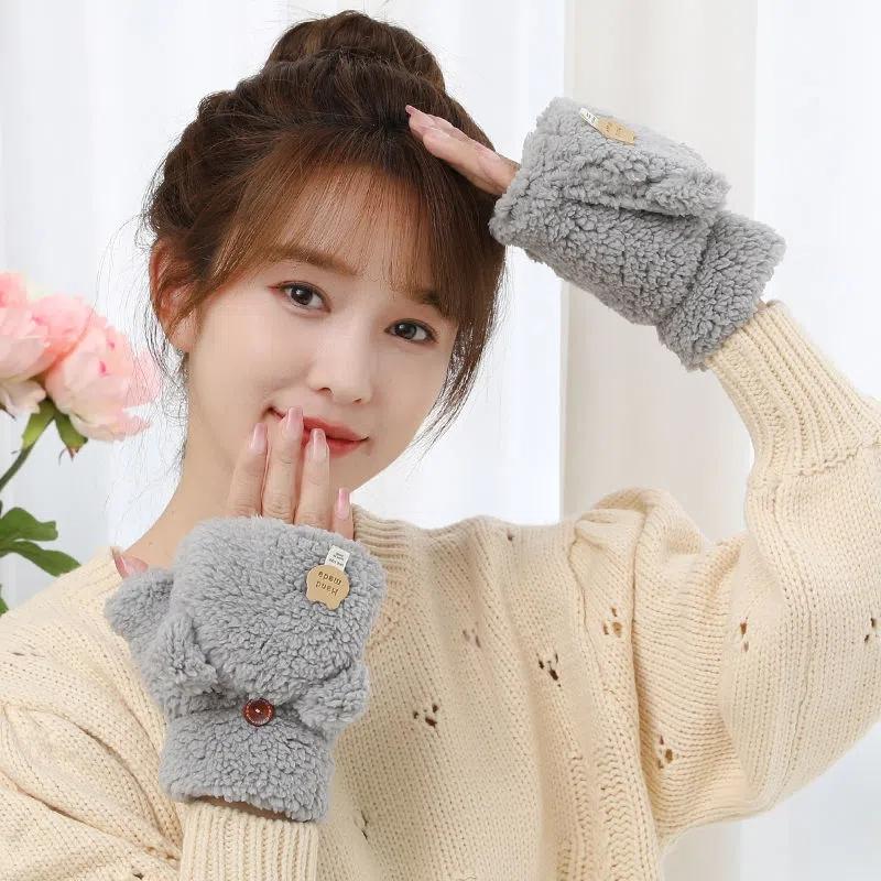 Women's Winter Warm Touch Screen Gloves Cute Cat Claw Sensory Fingerless Gloves Knitted Fluff Outdoor Flip Cover Gloves 1 Pair