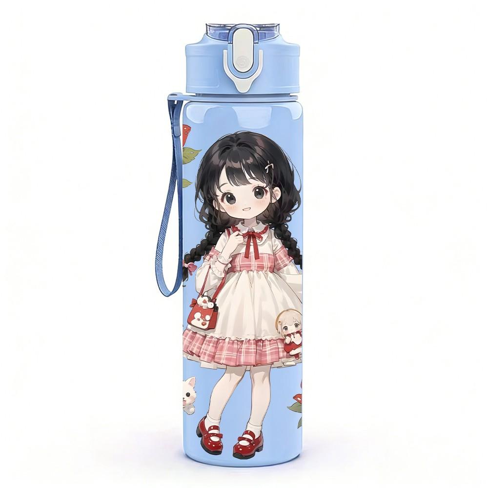 1PC White Dress Girl Red Flower Pattern 750ml Color Plastic Sports Water Bottle Leakproof Flip Straw Lid Suitable for Sports Office Home Use
