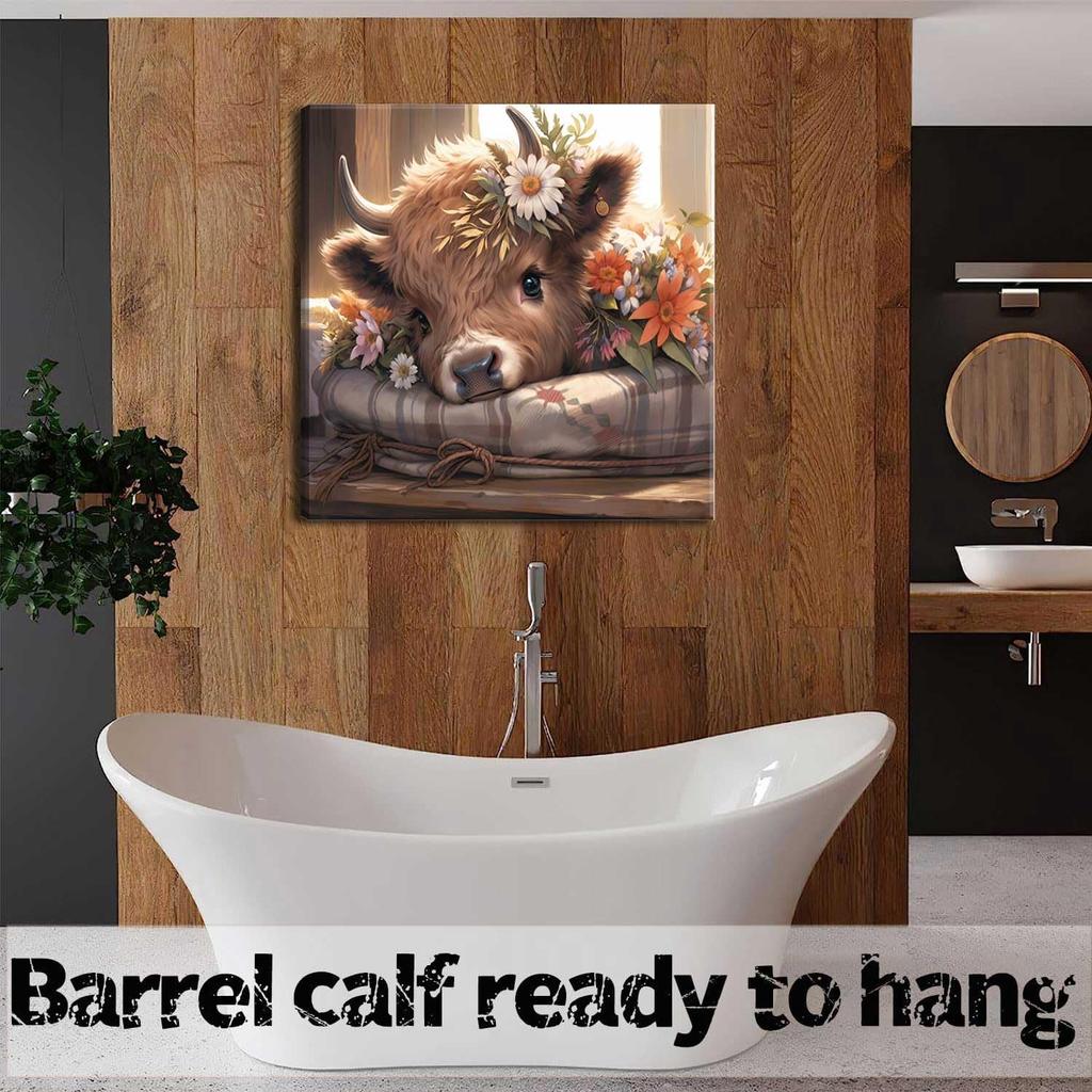 VeeFeng Cute Highland Cow Baby Canvas Wall Art Rustic Farmhouse Daisy Print Wall Decor Picture Amiable Baby Calf Poster Home Decoration Aesthetics