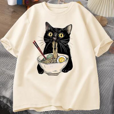 Nudel-Ramen-Katzen-T-Shirt, Feinschmecker-Liebhaber-T-Shirts, schwarze Katzen-Nudel-T-Shirts, Retro, lässig, kurzärmelig, T-Shirt für Männer und Frauen