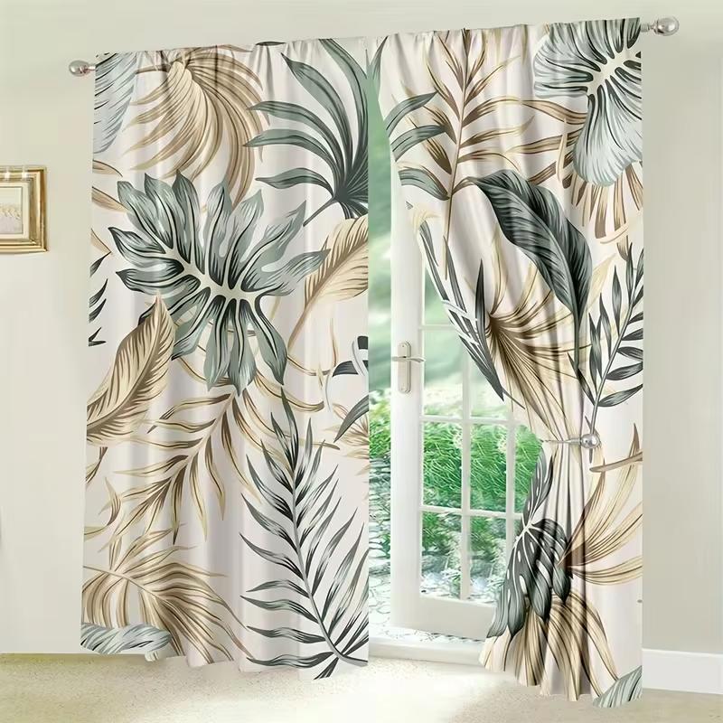 

2pcs Tropical Leaf Curtains, Monstera & Palm Pattern, Beige Green Jungle Style, Living Room Bedroom Decor, with Rod Pocket 24x59in(60x150CM)x2&Rod Pocket&2 panels