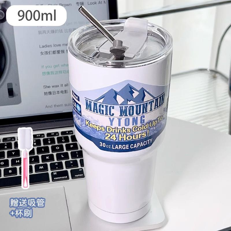 Stainless Steel Freeze Thermos Cup with Straw Ice Coffee Drink Vacuum Insulated Bottle Car Travel Outdoor Mountain Cup