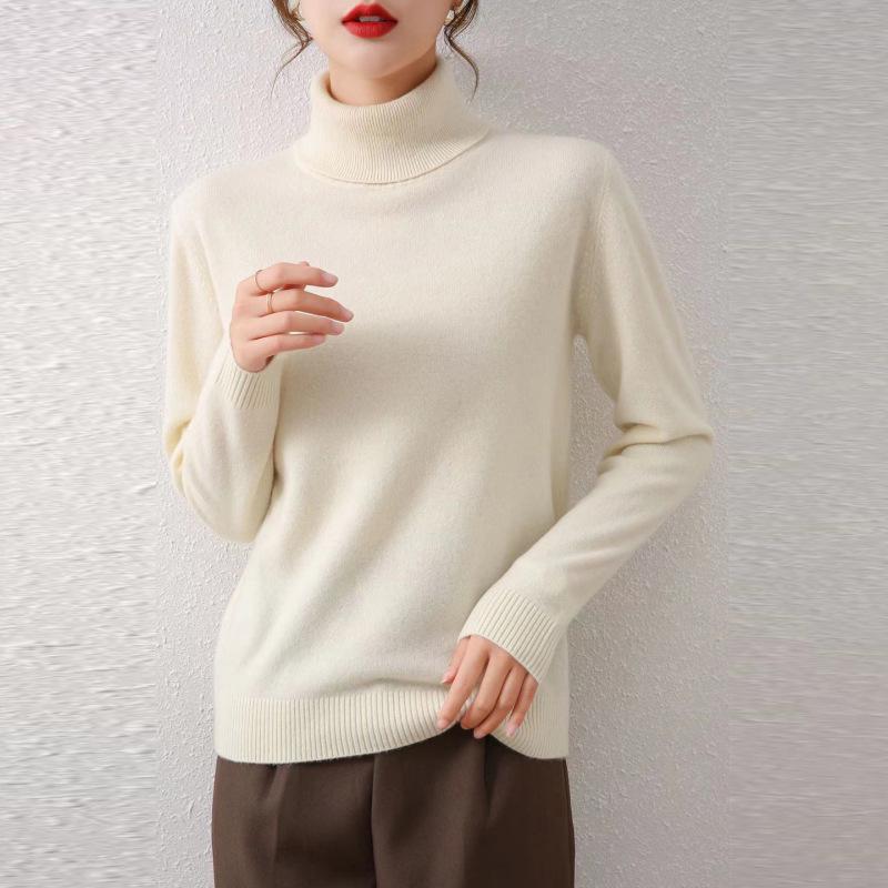 Women's Pure Wool High Neck Sweater - Loose, Slimming, Solid Color, Autumn/Winter Base Layer