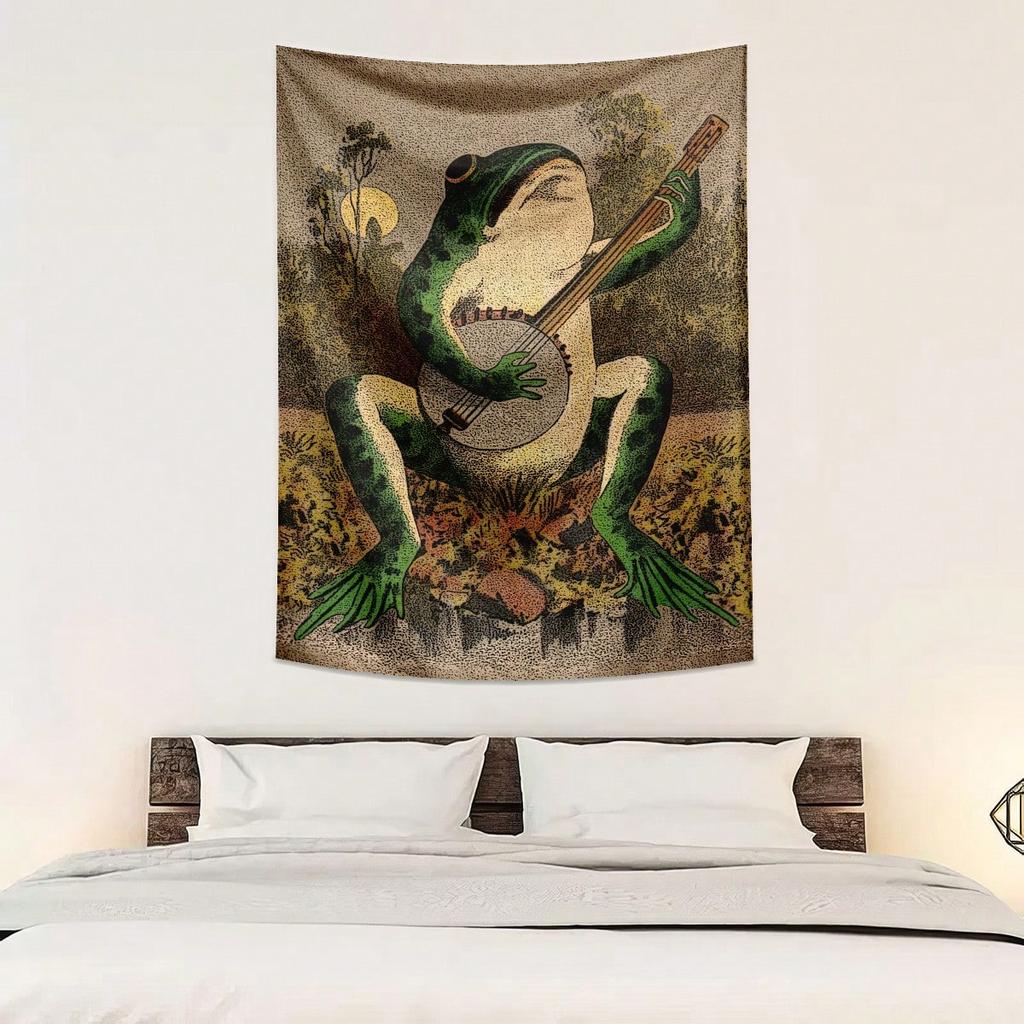 1Pc Retro Frog Tapestry, Banjo-Playing Animal 2D Print Decor, Polyester Material, All-Season For Bedroom Living Room Wall