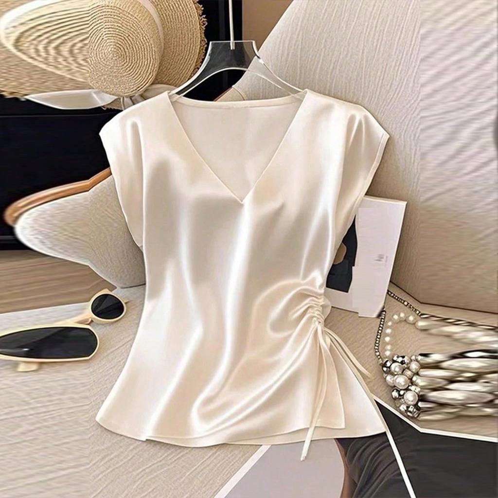 Top Camisa Casual de Satén con Cuello en V y Cordón para Mujer