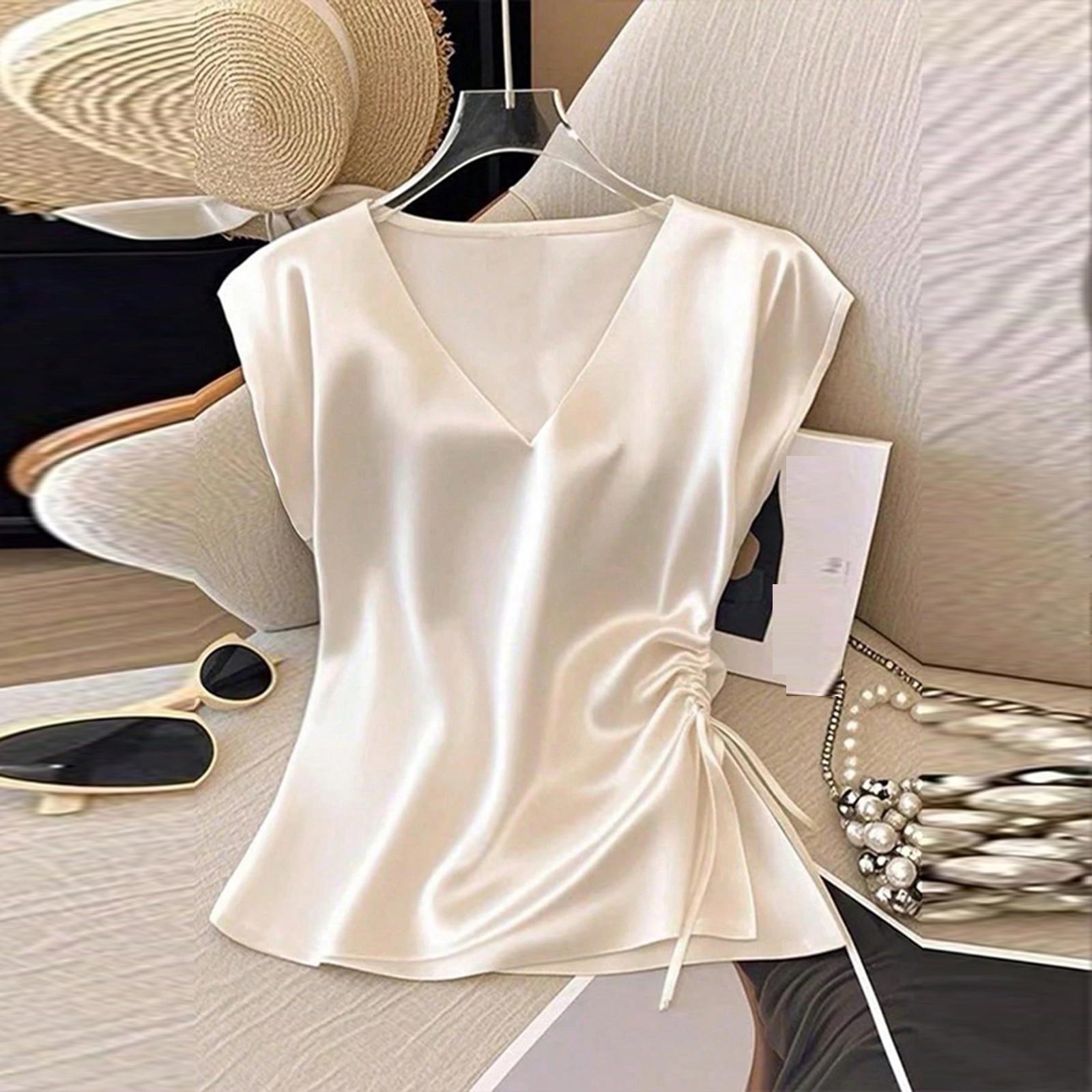 

Женская повседневная атласная рубашка-топ с V-образным вырезом и завязками S белый