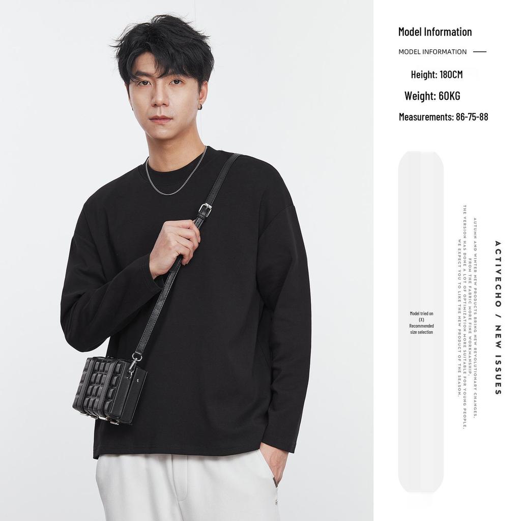 Yizhi Men's Spring Long Sleeve Crew Neck T-shirt with Hem Slit Design, Korean Style, Loose Fit