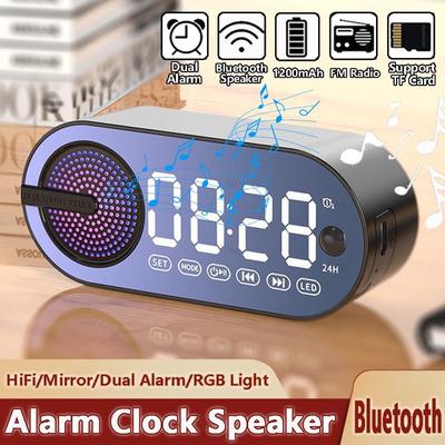 2 In 1 Wireless Bluetooth Speaker LED Mirror Clock Rechargeable Desktop Alarm Clock Support TF Card/Bluetooth Music Player