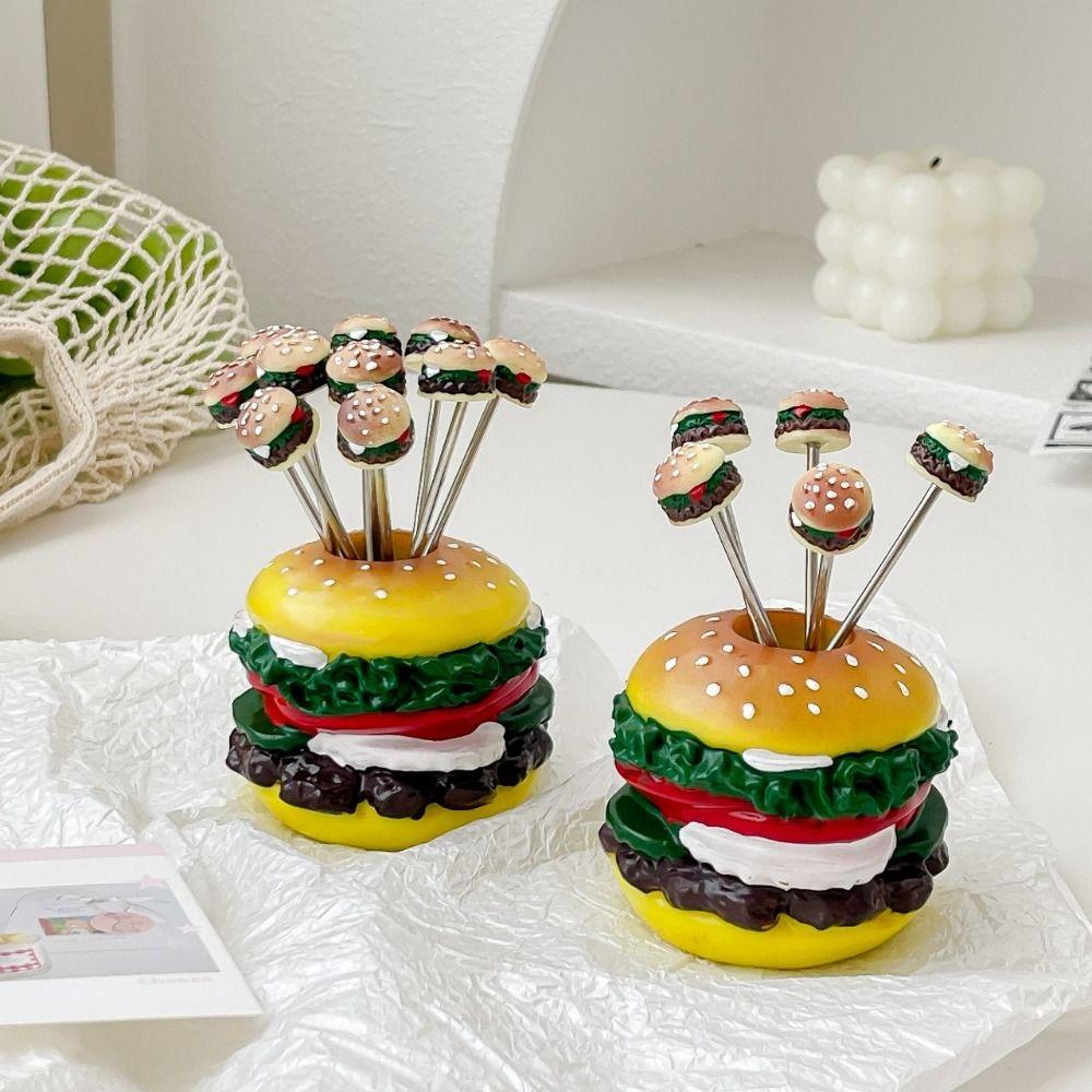 

Mini Dessert Salad Fork 3D Stainless Steel Fruit Fork Household Hamburger Style Fruit Fork Picnics Burger Base and 5 Pcs Fork