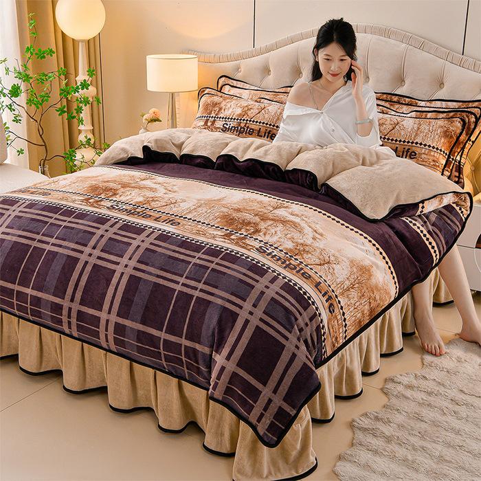 Cozy Flannel 230g Milk Velvet Printed Bed Set with Skirt - New Autumn/Winter Collection, Hot Seller