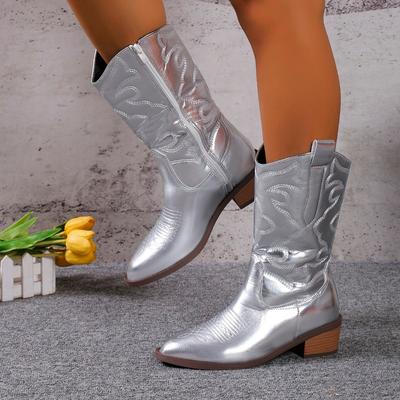 2024 Damen Cowboystiefel mit Stickerei, spitzer Zehenbereich, dicker Absatz, Knöchelstiefel, Westernstiefel, silberne Quaste, Cowgirlstiefel für Damen, Zapatos
