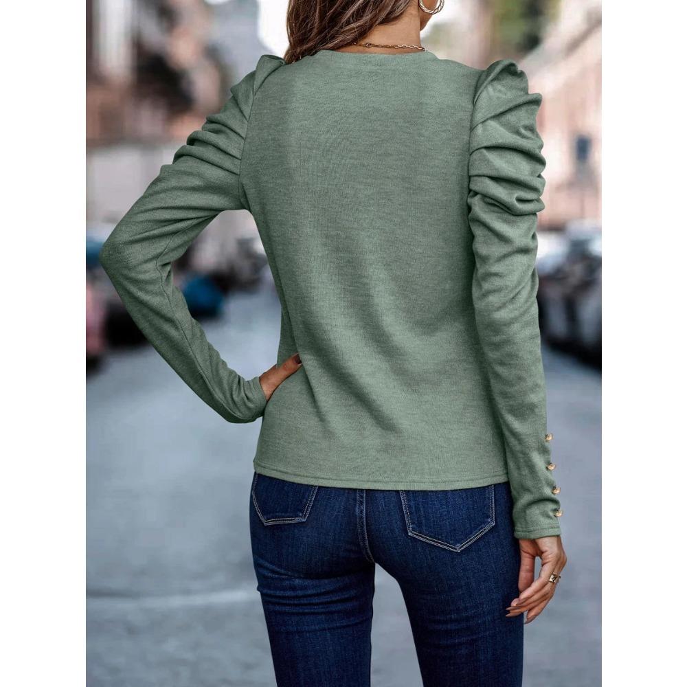 GMXIA Damen Herbst Winter Hochelastischer Kaschmir Rundhals Slim Puffärmel Langarm Oberteil