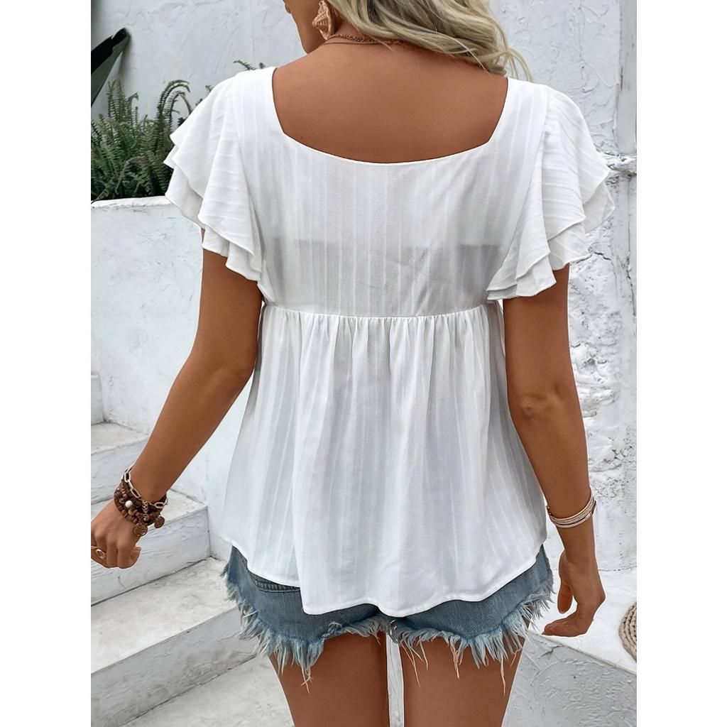 Summer New Printed Square Neck Pullover T-shirt Top Blouse, European American Style Leisure Casual Top