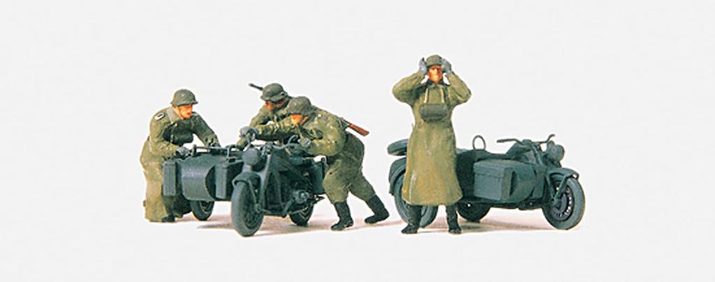 Preiser Scale German Motorcycle Soldier Set 2 Rough Road Escape Scene Plastic Model Kit GP72539 1/72 (4 Figures, Sidecars) (Person)