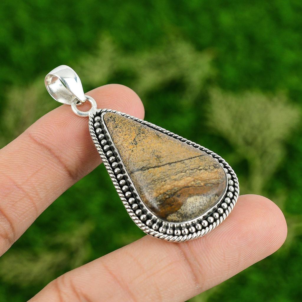 Daughters Day Sale Picture Jasper Gemstone 925 Sterling Silver Pendant Jewelry