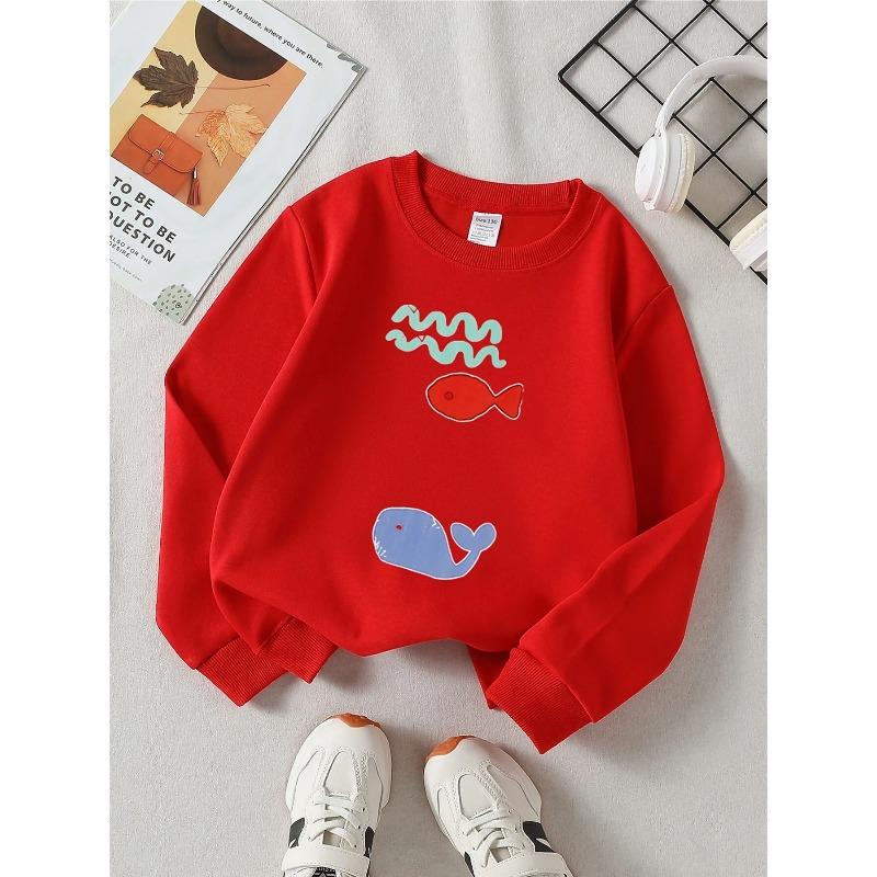 European Sizes Kids' Crewneck Sweatshirt - Red Fish Blue Whale Waves , Sportswear And Casual Wear, Soft And Comfortable, Children's Clothing
