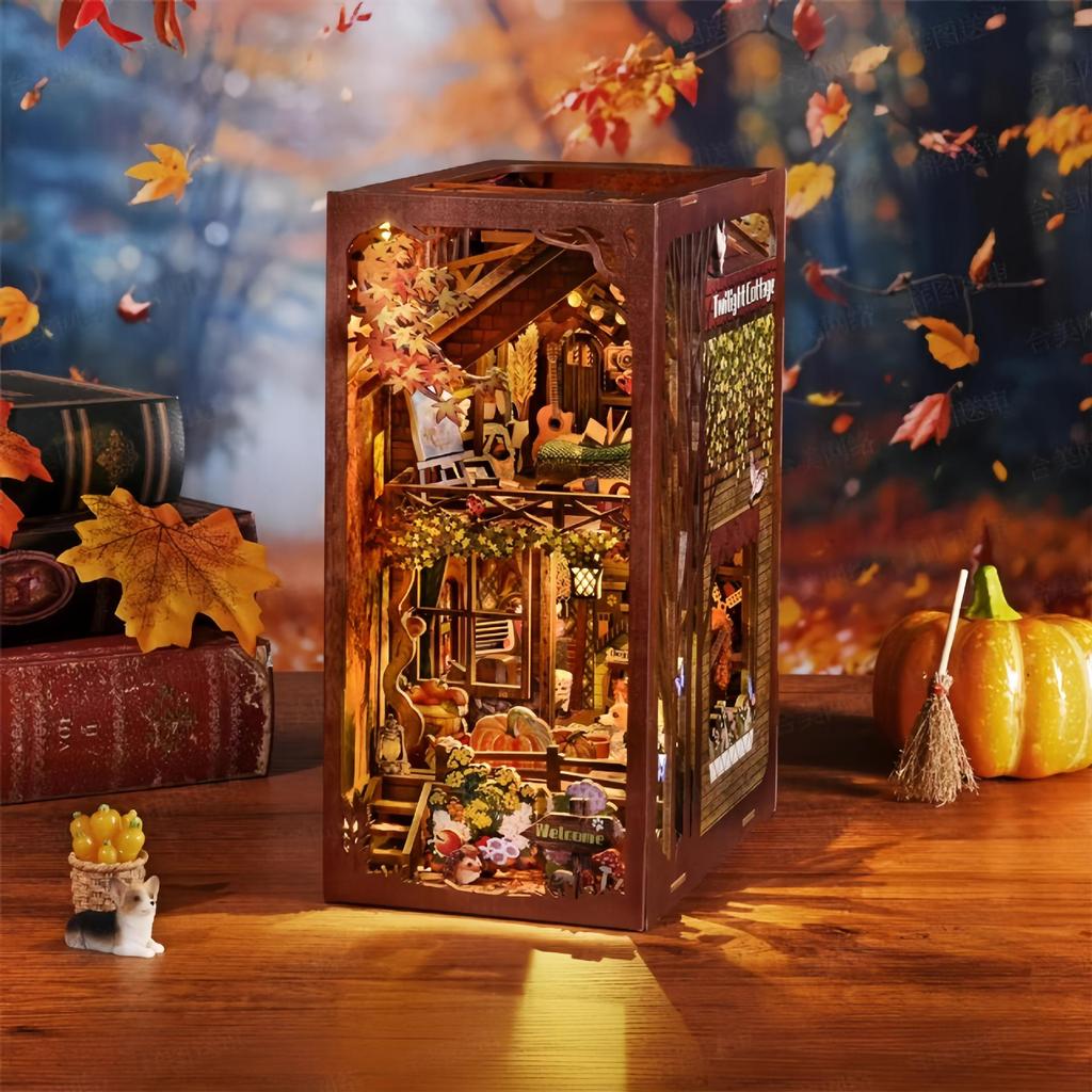 Twilight Cabin Bookends: DIY Wooden 3D Puzzle House Model, Handmade Building Blocks, Assembled Toy Gift.