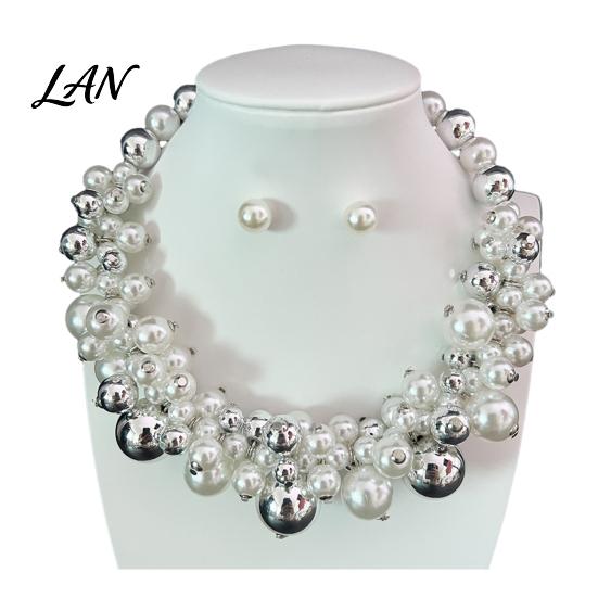 Faux Pearl Choker Necklace 1 Set Chunky Jewelry, Beaded And V-neck Accessory Earrings, Metallic for Women Dinner Parties Wedding Collarbone Enhancing