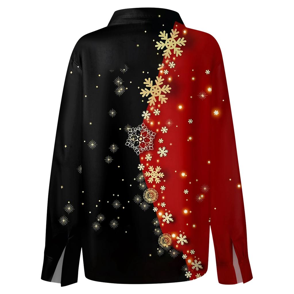 Skjortebluse for kvinner Juletrykkknapp Langermet Casual Basic skjortekrage Vanlig topp