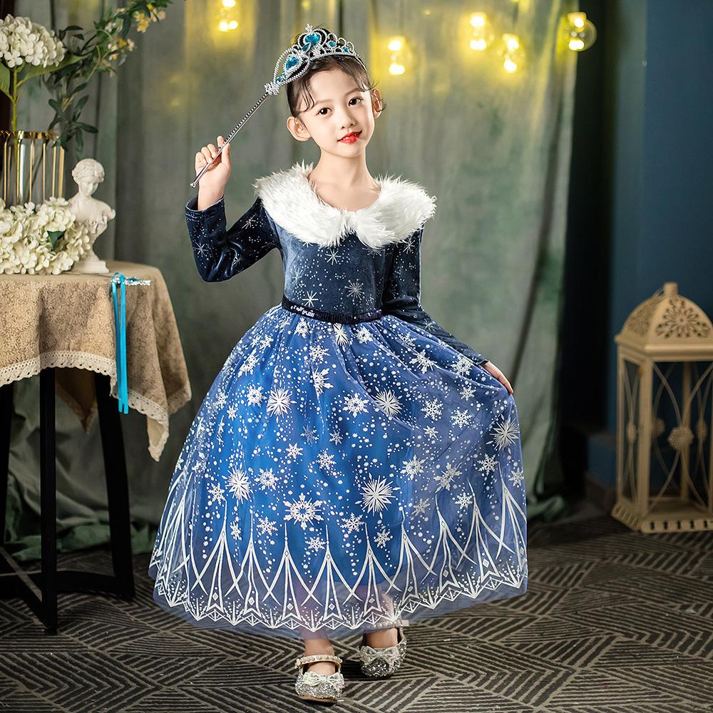 2023 Winter Princess Elsa Dress Christmas Gift Girls Fur Collar Princess Elsa Dress Frozen