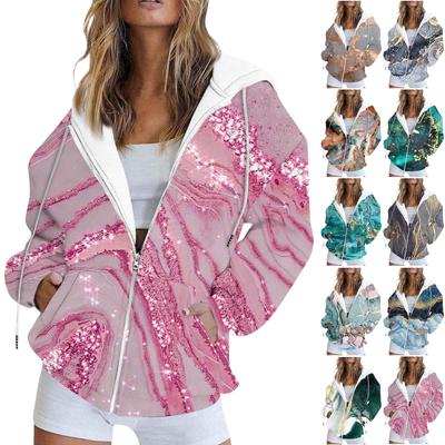 Women's Fashion Casual Printed Sweatshirt Autumn And Winter Long Sleeve Pocket Cardigan Jacket Zipper Hoodie Coat