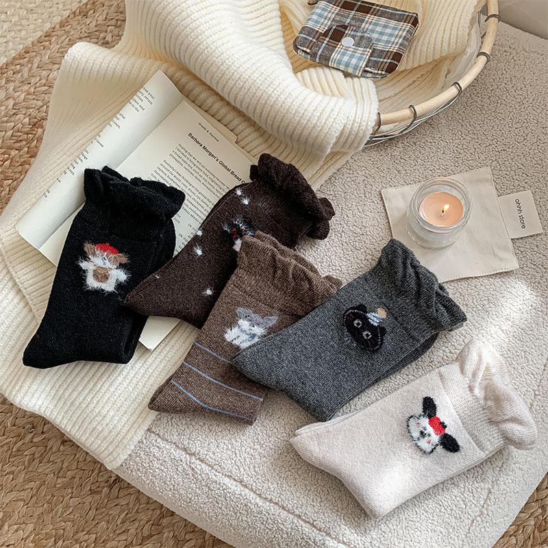 Korean Style Women's Wool Socks: Sweet Bubble Lace, Mid-calf, Cute Cartoon Design, Warm and Versatile for Autumn and Winter