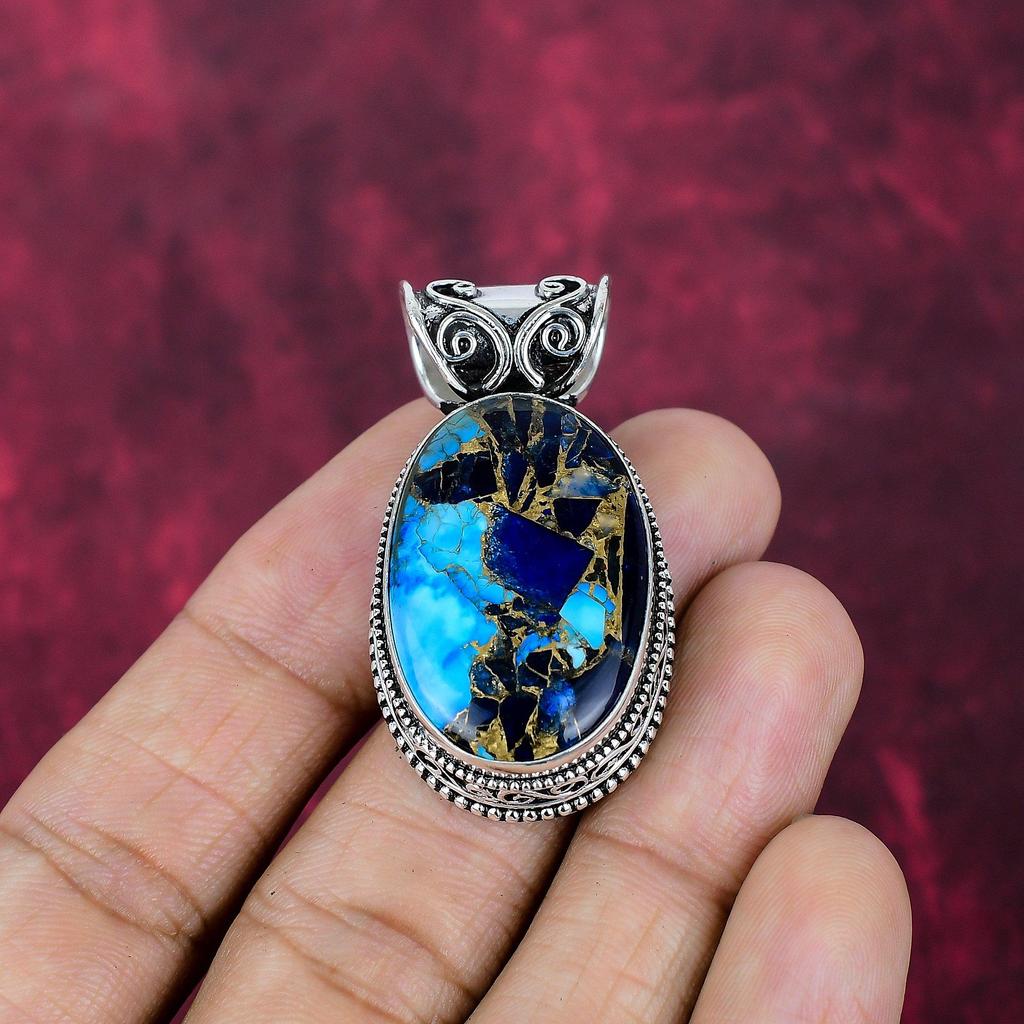 Kupfer Lapis Türkis Handgefertigter Edelsteinanhänger, 925 Massiv Sterlingsilber Anhänger Antikschmuck, Für Verlobungsgeschenk
