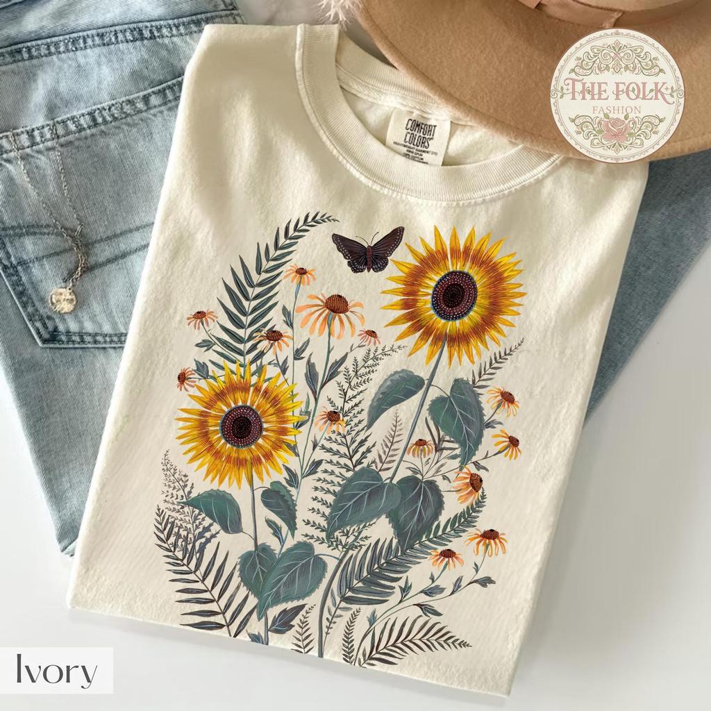 Sunflower Shirt, Butterfly Botanical Tee, Vintage Wildflower T-shirt, Cottagecore Sunflower Tee, Nature Lover Tee, Boho Floral Tee