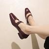 Square head shallow mouth single shoes women's new spring and autumn leather one-word with small leather shoes thick heel medium heel women's shoes